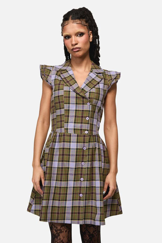 Image of Dresses. Productname: Apothecarius Goth Tartan Dress in Moss/Lavender colour by brand - Black Friday