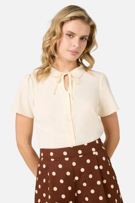 Image of a model wearing Tops. Productname: Josie Short Sleeve Blouse in Chocolate colour by brand - Princess Highway