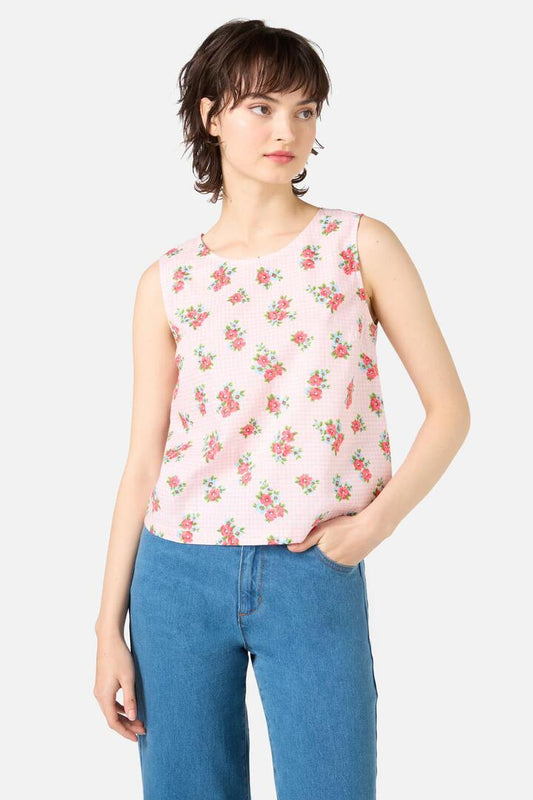 Image of a model wearing Tops. Productname: Gingham Floral Shell Top in Pink colour by brand - Princess Highway