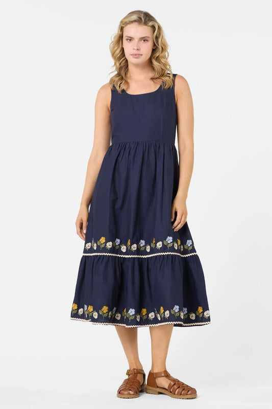 Image of Dresses. Productname: Blooms Embroidered Midi Dress in Navy colour by brand - Princess Highway