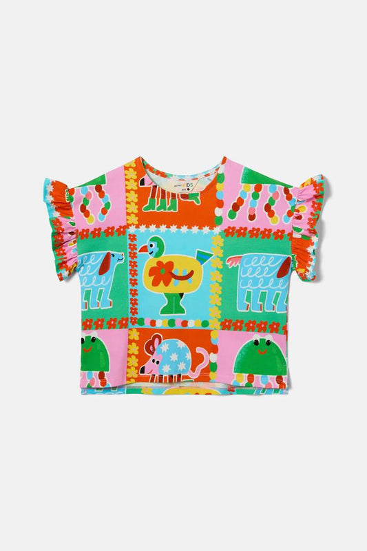 Image of a model wearing Tops. Productname: Buggy Grid Kids Frill Tee in Multi colour by brand - Gorman