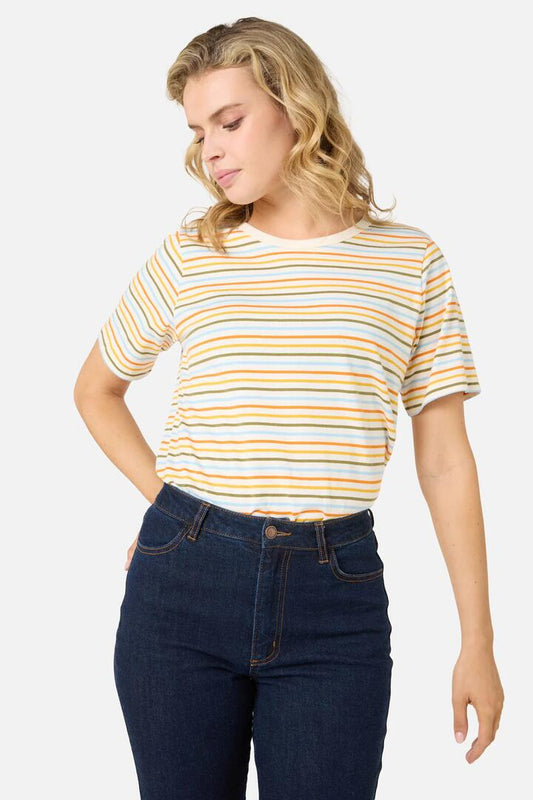 Image of a model wearing Tops. Productname: Susie Retro Stripe Tee in Navy/Multi colour by brand - Princess Highway