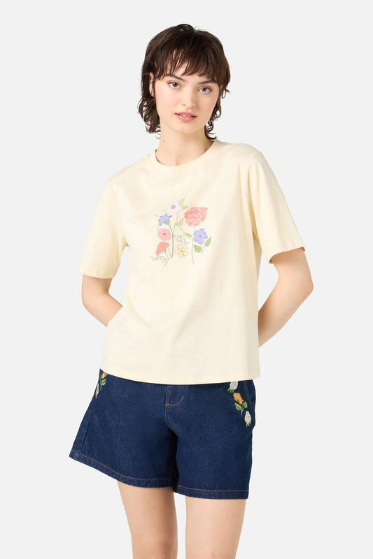 Image of a model wearing Tops. Productname: Grasshopper Floral Relaxed Tee in Lemon colour by brand - Princess Highway