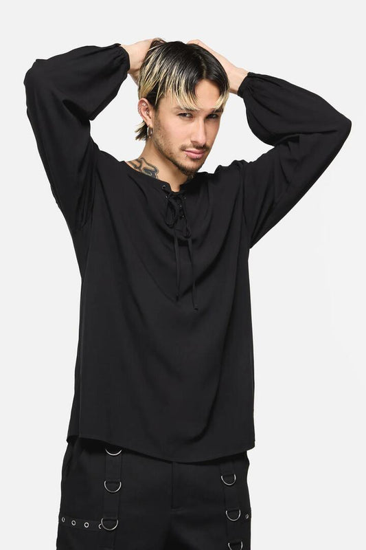 Image of a model wearing Tops. Productname: Buccaneer Punk Frill Shirt in Black colour by brand - Dangerfield