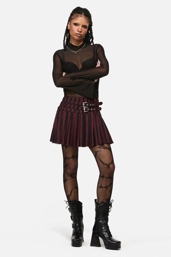 Image of a model wearing Skirts. Product name - Sucker Pinstripe Goth Skort in Black/Red colour by brand - Black Friday