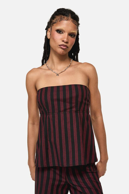 Image of a model wearing Tops. Productname: Sucker Pinstripe Strapless Top in Black/Red colour by brand - Black Friday