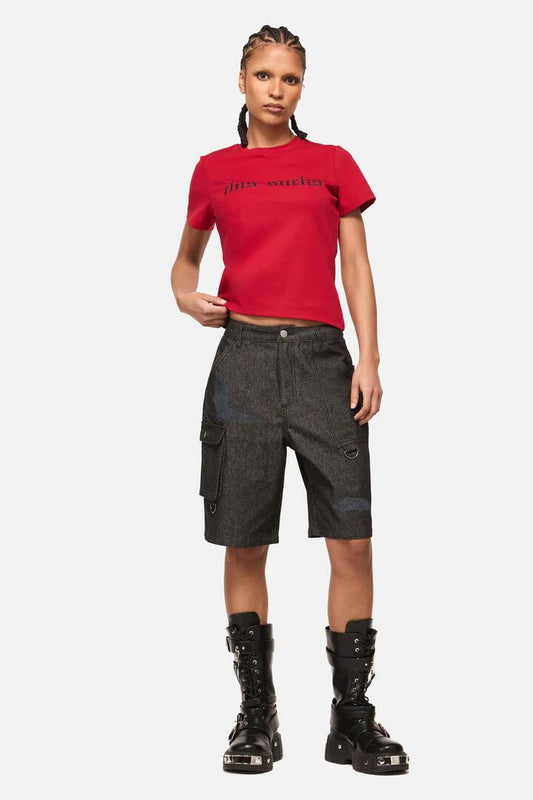 Image of a model wearing Shorts. Product name - Batz Denim Goth Cargo Short in Black colour by brand - Black Friday
