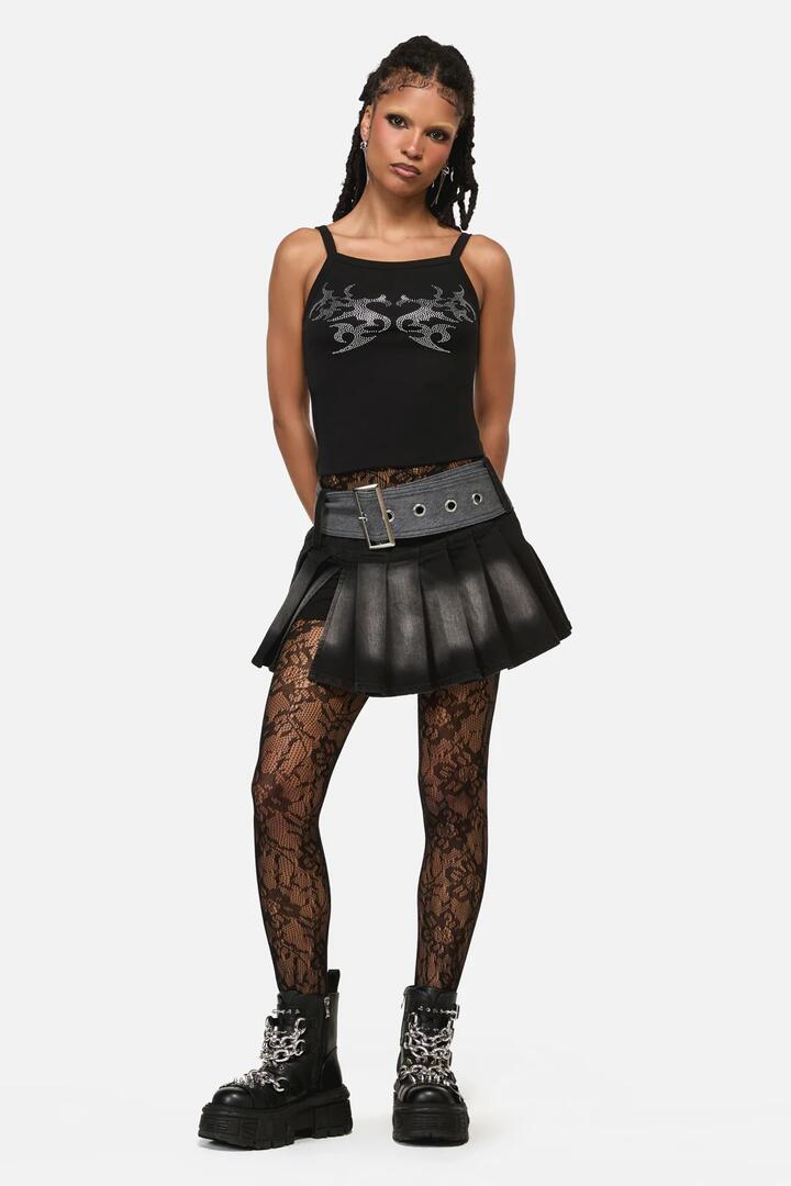 Image of a model wearing Skirts. Product name - Vixi Cyber Tech Belt Skort in Black/Grey colour by brand - Black Friday