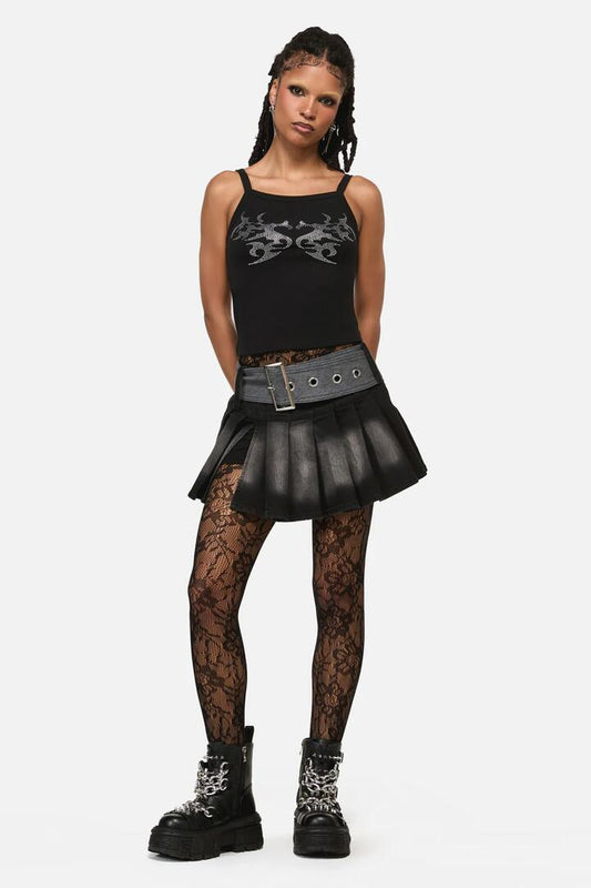 Image of a model wearing Skirts. Product name - Vixi Cyber Tech Belt Skort in Black/Grey colour by brand - Black Friday