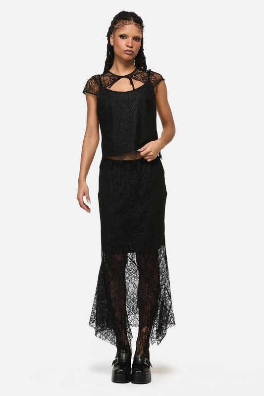 Image of a model wearing Skirts. Product name - Ellen Lace Goth Formal Skirt in Black colour by brand - Black Friday