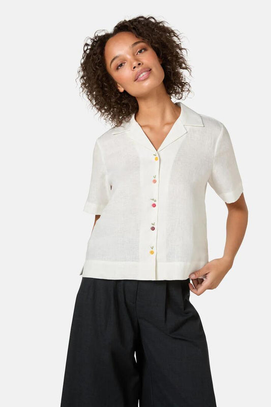 Image of a model wearing Tops. Productname: Astrid Linen Shirt in White colour by brand - Gorman