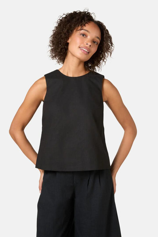Image of a model wearing Tops. Productname: Lucy Cotton Tie Tank in Black colour by brand - Gorman