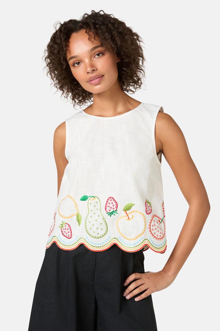 Image of a model wearing Tops. Product name - Fruity Anglaise Embroidered Tank in White colour by brand - Gorman