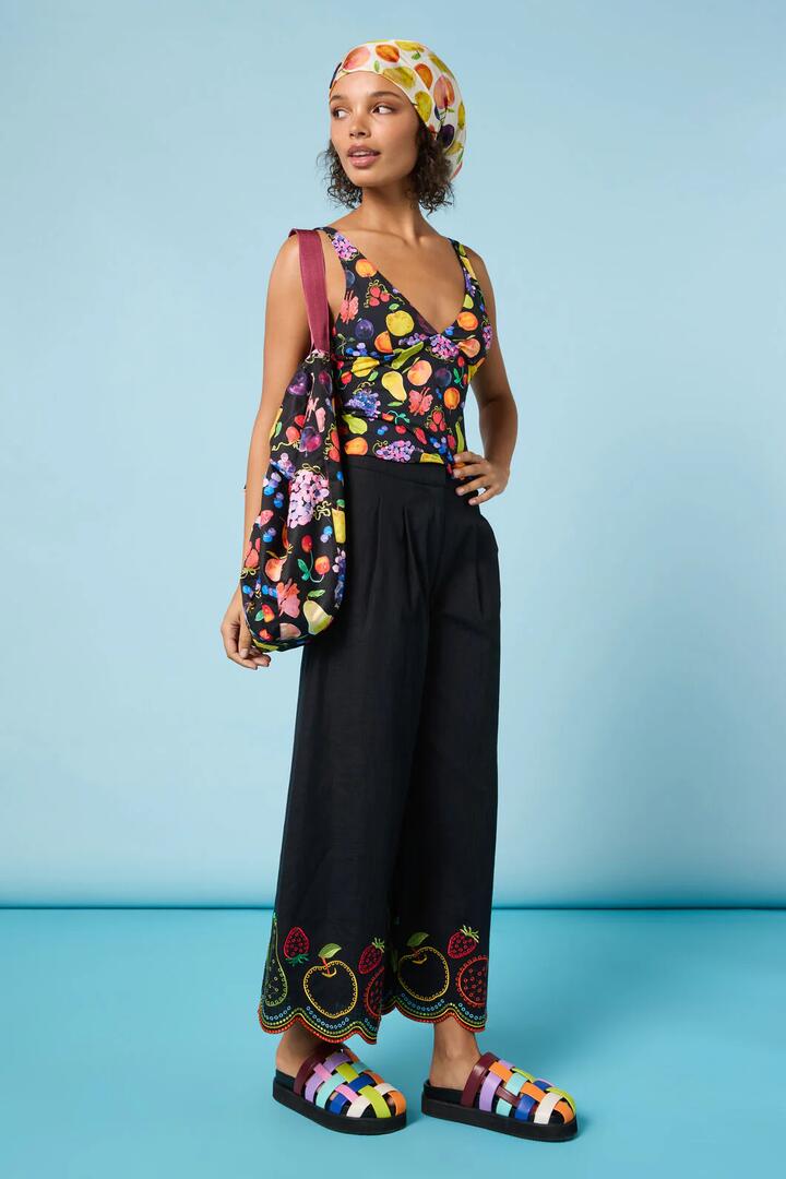 Image of a model wearing Skirts. Product name - Fruity Anglaise Embroidered Culotte in Black colour by brand - Gorman