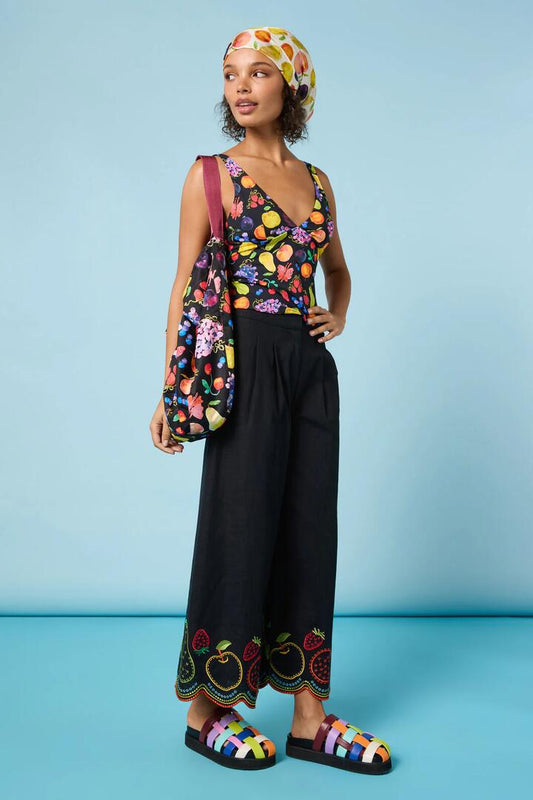 Image of a model wearing Skirts. Product name - Fruity Anglaise Embroidered Culotte in Black colour by brand - Gorman
