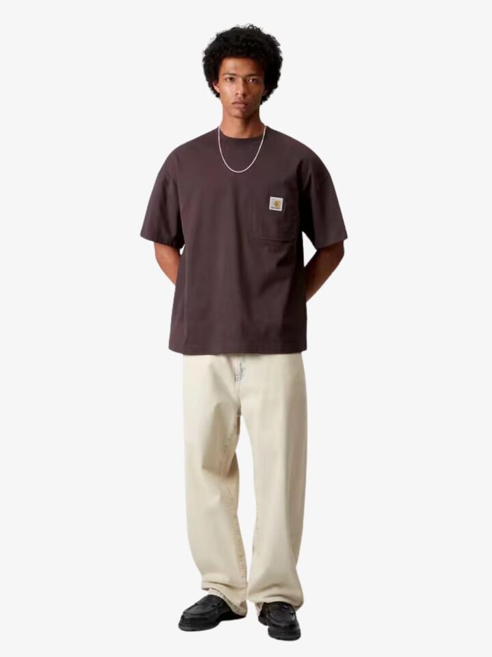 Image of a model wearing Shorts. Productname: Carhartt Wip Short Sleeve Work Pocket T-Shirt in Palisander colour by brand - Carhartt Wip