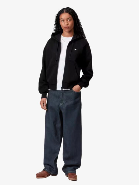 Image of a model wearing Pants. Productname: Carhartt Wip Women's Brandon Pant in Blue Rinsed colour by brand - Carhartt Wip