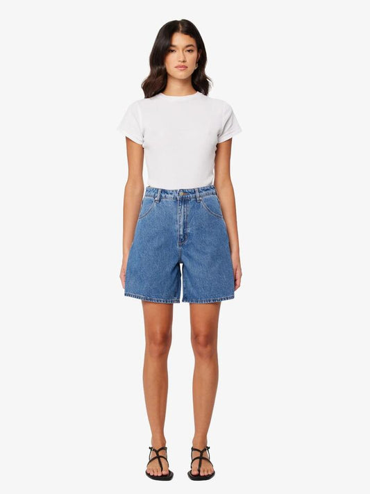 Image of a model wearing Shorts. Productname: Rollas Super Mirage Evie Shorts in Dark Blue colour by brand - Rollas