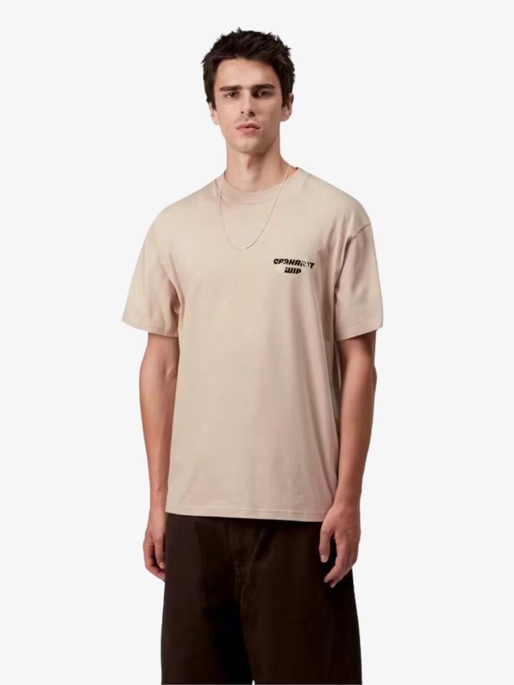 Image of a model wearing Tops. Productname: Carhartt Wip Short Sleeve Wiptopia T-Shirt in Wall colour by brand - Carhartt Wip
