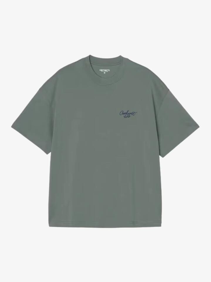 Image of a model wearing Shorts. Productname: Carhartt Wip Short Sleeve Signature Script T-Shirt in Silver Pine/Jupiter colour by brand - Carhartt Wip