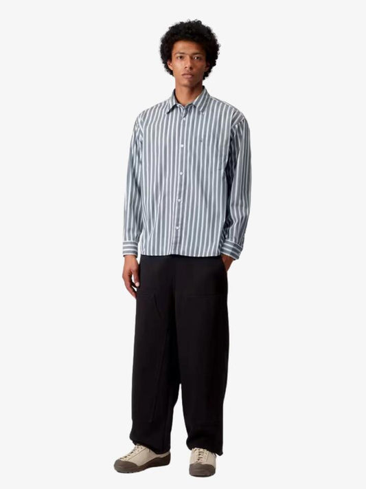 Image of a model wearing Tops. Productname: Carhartt Wip Long Sleeve Malden Shirt in Malden Stripe/Angelite colour by brand - Carhartt Wip