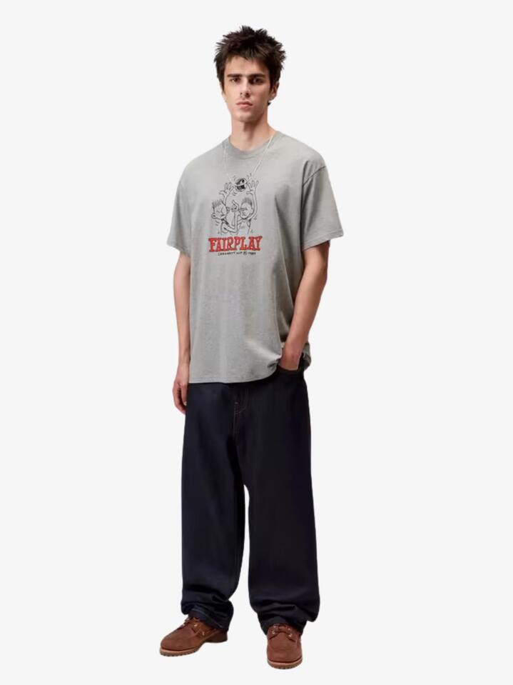 Image of a model wearing Shorts. Productname: Carhartt Wip Short Sleeve Fairplay T-Shirt in Grey Heather colour by brand - Carhartt Wip