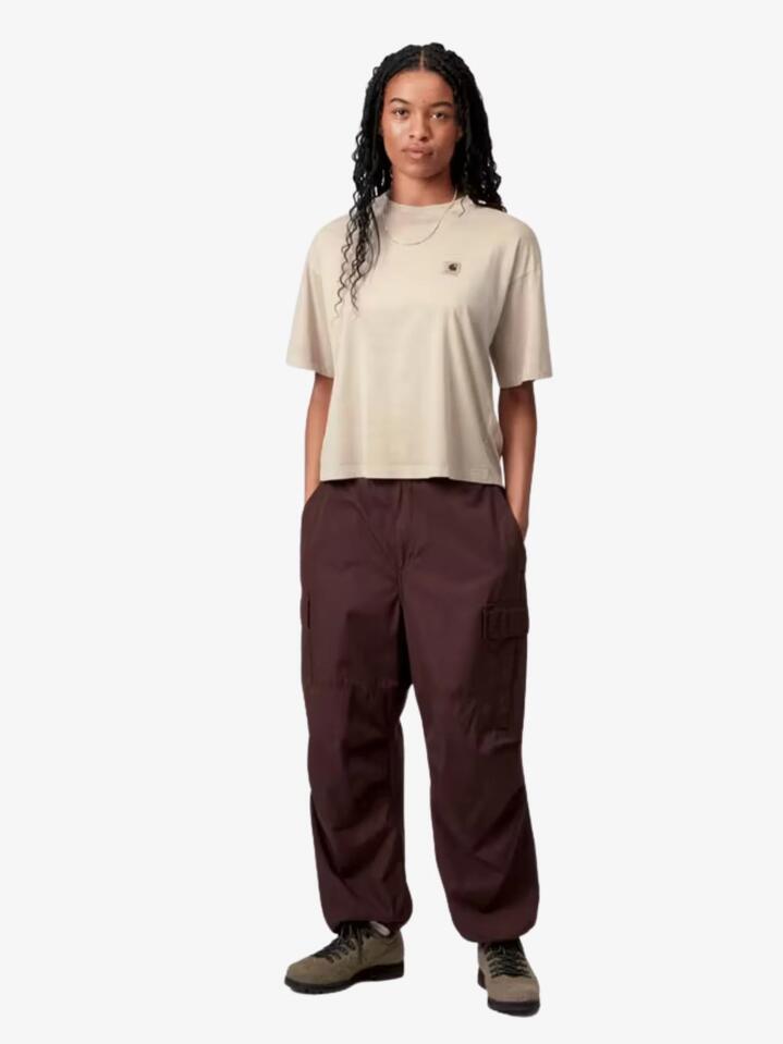 Image of a model wearing Tops. Productname: Carhartt Wip Womenâs Short Sleeve Nelson T-Shirt in Fleur De Sel Garment Dyed colour by brand - Carhartt Wip