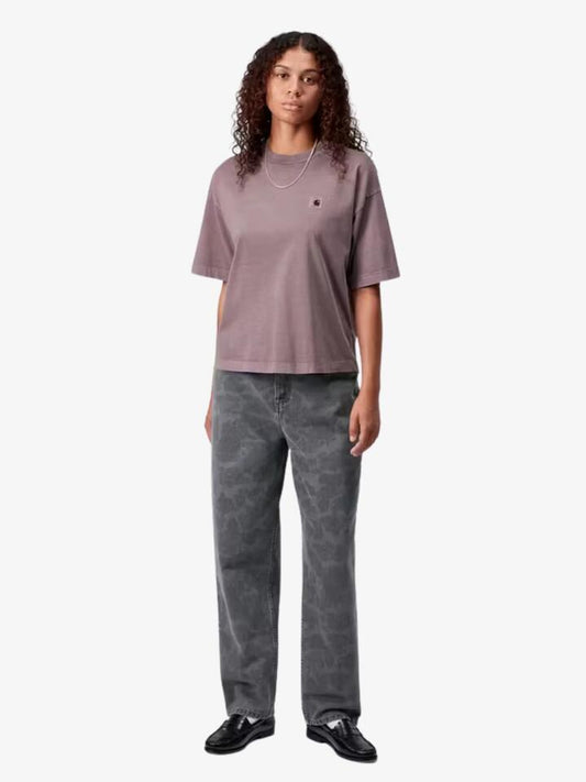 Image of a model wearing Shorts. Productname: Carhartt Wip Womenâs Short Sleeve Nelson T-Shirt in Phlox Garment Dyed colour by brand - Carhartt Wip