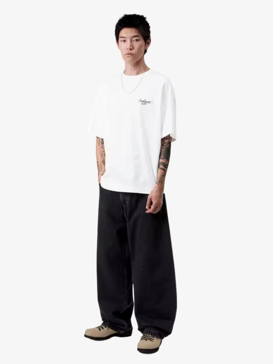 Image of a model wearing Tops. Productname: Carhartt Wip Signature Script T-Shirt in White colour by brand - Carhartt Wip