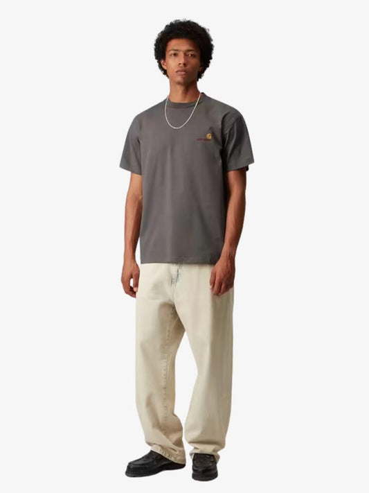 Image of a model wearing Shorts. Productname: Carhartt Wip Short Sleeve American Script T-Shirt in Porphyry colour by brand - Carhartt Wip