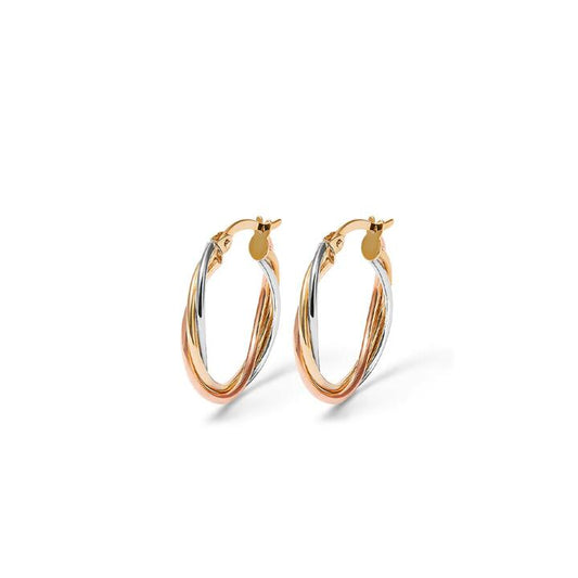 Image of Earrings. Productname: 15mm Three Strand Twist Hoop Earrings in 9kt Tri-colour Gold in Gold colour by brand - Bevilles