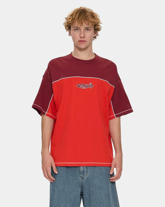 Image of a model wearing Tops. Productname: worship Mens Hot Gossip Oversized Panel T-Shirt Deep Cherry - in Deep Cherry colour by brand - Worship