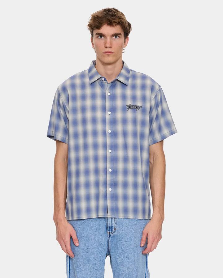 Image of a model wearing Tops. Productname: thrills Mens Heavy Static Short Sleeve Shirt Royal Cream - in Royal Cream colour by brand - Thrills