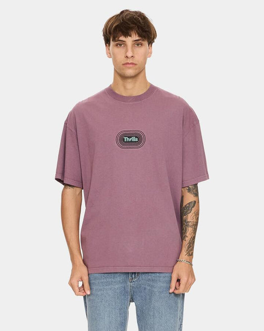 Image of a model wearing Tops. Productname: thrills Mens It'S In The Card Oversized T-Shirt Vintage Mauve - in Vintage Mauve colour by brand - Thrills