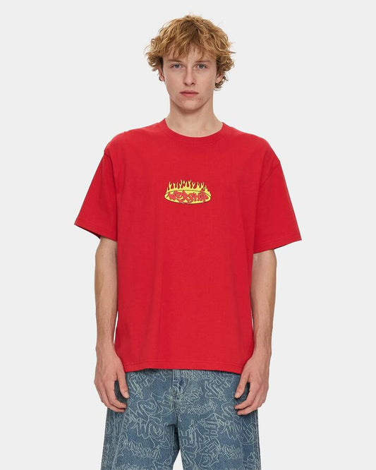 Image of a model wearing Tops. Productname: worship Mens Hot Gossip T-Shirt Lucky Red - in Lucky Red colour by brand - Worship