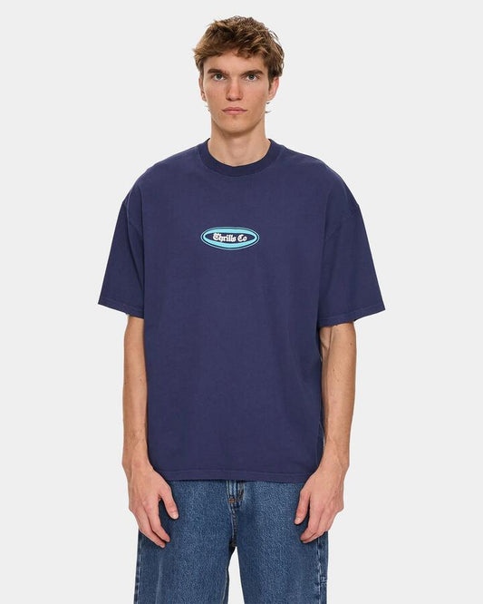 Image of a model wearing Tops. Productname: thrills Mens Bueno Bueno Beno Oversized T-Shirt Guardian Navy - in Guardian Navy colour by brand - Thrills