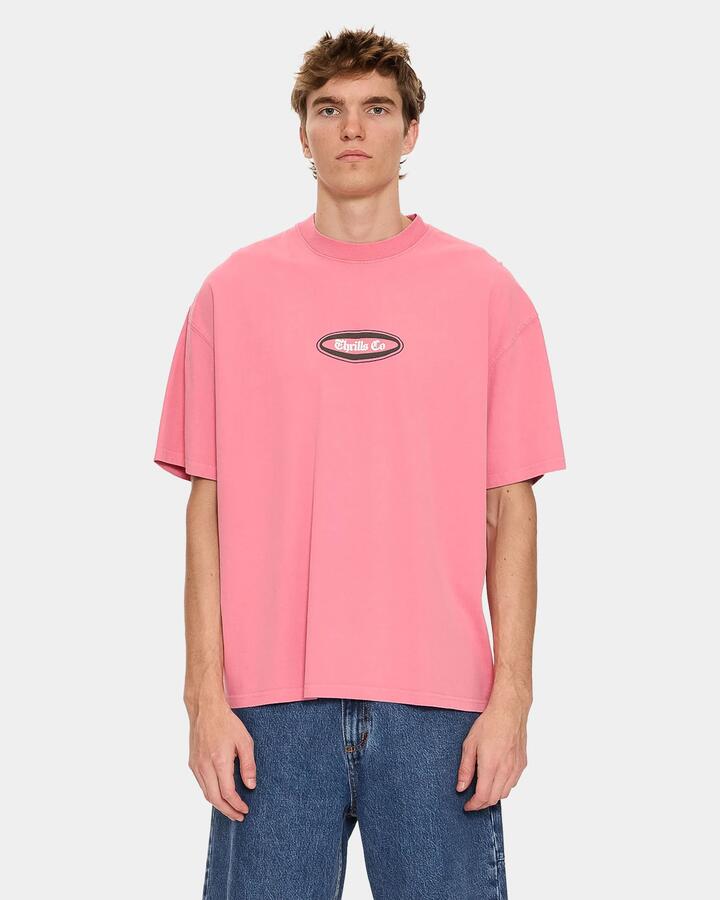 Image of a model wearing Tops. Productname: thrills Mens Bueno Bueno Beno Oversized T-Shirt Gum - in Gum colour by brand - Thrills