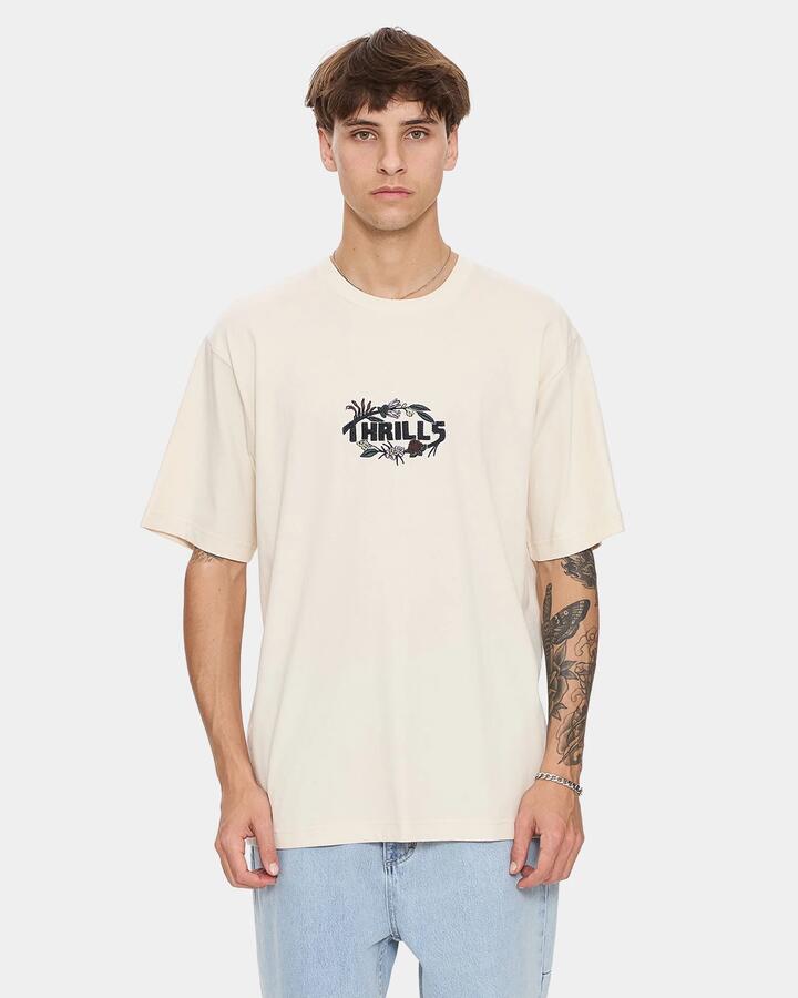 Image of a model wearing Tops. Productname: thrills Mens Beauty Around Us Oversized T-Shirt Unbleached - in Unbleached colour by brand - Thrills