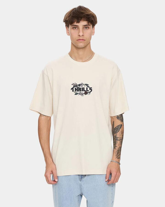 Image of a model wearing Tops. Productname: thrills Mens Beauty Around Us Oversized T-Shirt Unbleached - in Unbleached colour by brand - Thrills