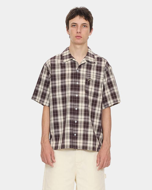 Image of a model wearing Tops. Productname: worship Mens Cherub 2.0 Short Sleeve Shirt Dark Choc - in Dark Choc colour by brand - Worship