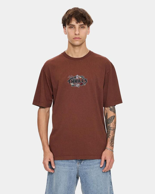 Image of a model wearing Tops. Productname: thrills Mens Beauty Around Us Oversized T-Shirt Acorn - in Acorn colour by brand - Thrills