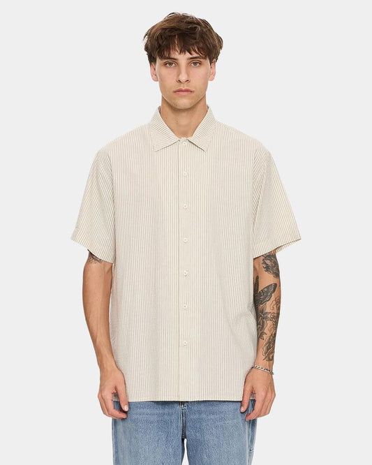 Image of a model wearing Tops. Productname: thrills Mens Beauty Around Us Short Sleeve Shirt Acorn - in Acorn colour by brand - Thrills