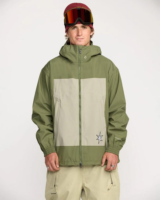 Image of a model wearing Outerwear. Productname: Volcom Mens Arthur 3L Snow Jacket Dark Olive - in Dark Olive colour by brand - Volcom