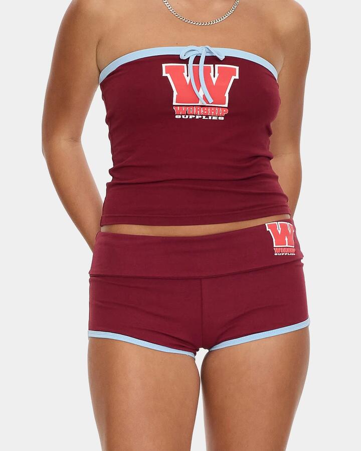 Image of a model wearing Shorts. Productname: worship Womens Belter Booty Elastic Waist Shorts Deep Cherry - in Deep Cherry colour by brand - Worship