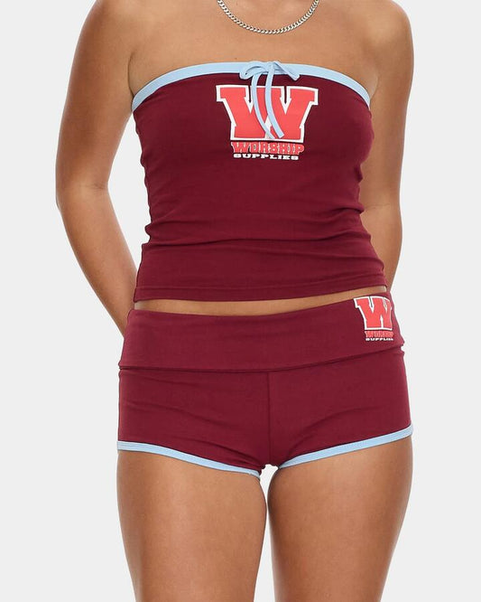 Image of a model wearing Shorts. Productname: worship Womens Belter Booty Elastic Waist Shorts Deep Cherry - in Deep Cherry colour by brand - Worship