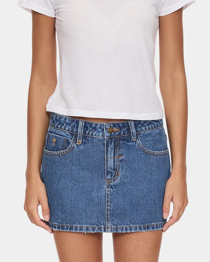 Image of a model wearing Skirts. Productname: thrills Womens Carmen Mid Rise Micro Denim Skirt Deep Vintage Blue - in Deep Vintage Blue colour by brand - Thrills
