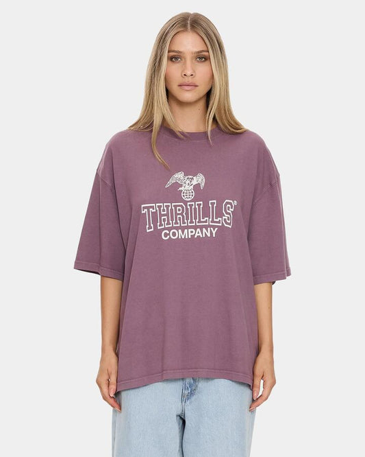 Image of a model wearing Tops. Productname: thrills Womens Break Point Oversized T-Shirt Vintage Mauve - in Vintage Mauve colour by brand - Thrills