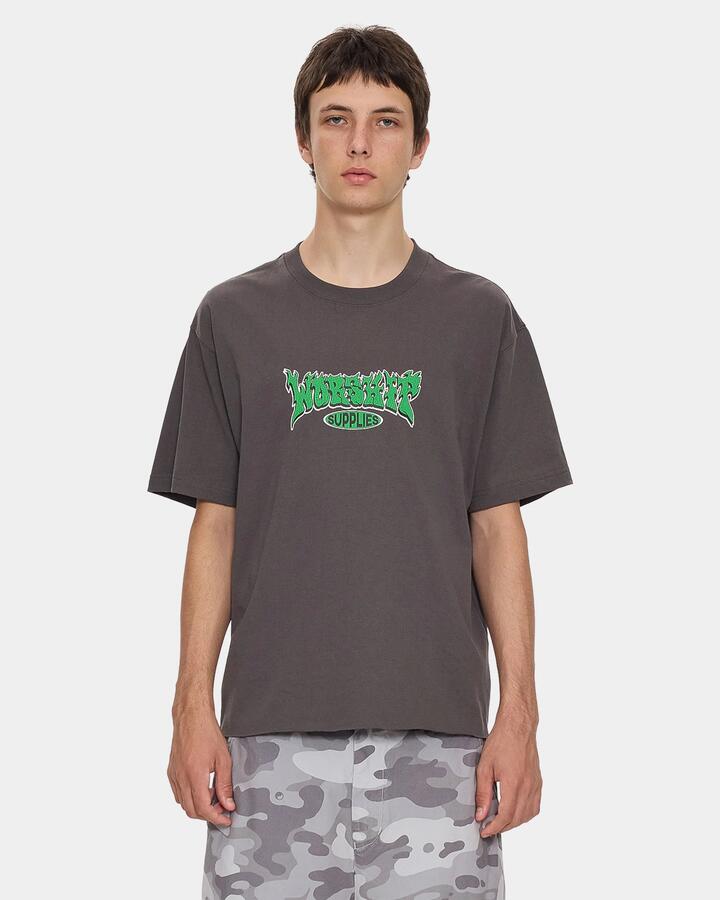 Image of a model wearing Tops. Productname: worship Mens Whisp T-Shirt Worn Black - in Worn Black colour by brand - Worship
