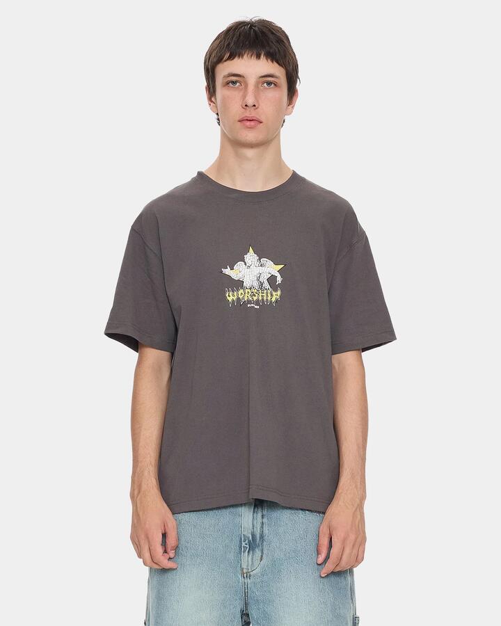 Image of a model wearing Tops. Productname: worship Mens Dreamers T-Shirt Worn Black - in Worn Black colour by brand - Worship