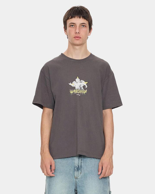 Image of a model wearing Tops. Productname: worship Mens Dreamers T-Shirt Worn Black - in Worn Black colour by brand - Worship